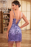 Bodycon Spaghetti Straps Purple Sequins 1920s Dress with Fringes