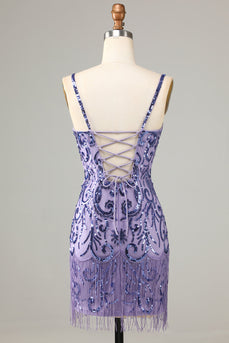 Sparkly Purple Sequins Spaghetti Straps Short Formal Dress with Fringes