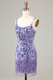 Sparkly Purple Sequins Spaghetti Straps Short Formal Dress with Fringes