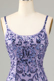 Sparkly Purple Sequins Spaghetti Straps Short Formal Dress with Fringes