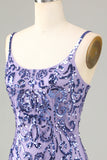 Sparkly Purple Sequins Spaghetti Straps Short Formal Dress with Fringes