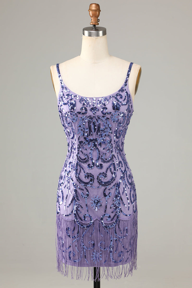 Load image into Gallery viewer, Sparkly Purple Sequins Spaghetti Straps Short Formal Dress with Fringes