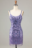 Sparkly Purple Sequins Spaghetti Straps Short Formal Dress with Fringes