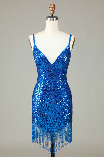 Sparkly Bodycon Spaghetti Straps Blue Sequins Short Formal Dress with Tassel
