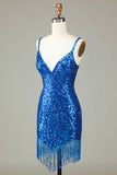 Sparkly Bodycon Spaghetti Straps Blue Sequins Short Formal Dress with Tassel