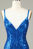 Sparkly Bodycon Spaghetti Straps Blue Sequins Short Formal Dress with Tassel