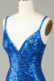 Sparkly Bodycon Spaghetti Straps Blue Sequins Short Formal Dress with Tassel