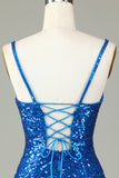 Sparkly Bodycon Spaghetti Straps Blue Sequins Short Formal Dress with Tassel