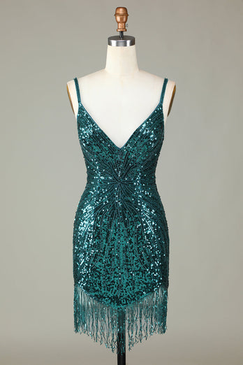 Sparkly Bodycon Spaghetti Straps Blue Sequins Short Formal Dress with Tassel