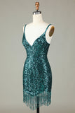 Sparkly Bodycon Spaghetti Straps Blue Sequins Short Formal Dress with Tassel