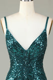 Sparkly Bodycon Spaghetti Straps Blue Sequins Short Formal Dress with Tassel