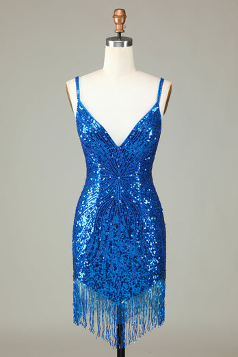 Sparkly Bodycon Spaghetti Straps Blue Lace-Up Back Short Formal Dress with Beading