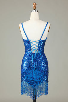 Sparkly Bodycon Spaghetti Straps Blue Lace-Up Back Short Formal Dress with Beading