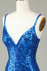 Load image into Gallery viewer, Sparkly Bodycon Spaghetti Straps Blue Lace-Up Back Short Formal Dress with Beading