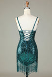 Sparkly Bodycon Spaghetti Straps Green Lace-Up Back Short Formal Dress with Beading
