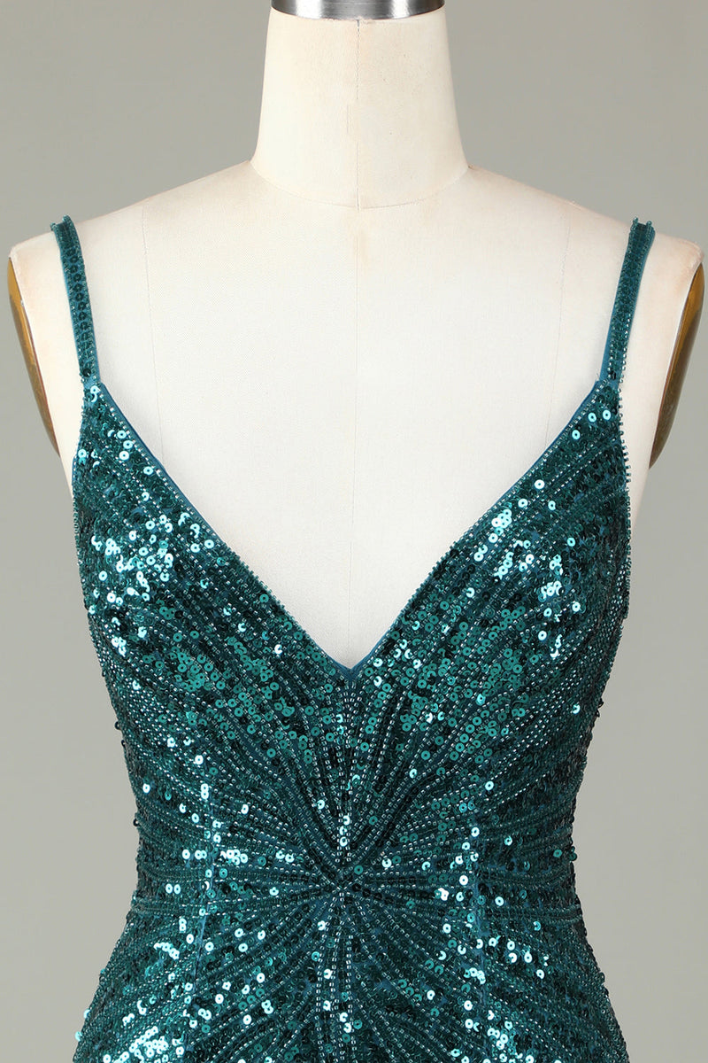 Load image into Gallery viewer, Sparkly Bodycon Spaghetti Straps Green Lace-Up Back Short Formal Dress with Beading
