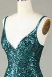 Sparkly Bodycon Spaghetti Straps Green Lace-Up Back Short Formal Dress with Beading