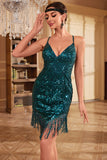 Sheath Spaghetti Straps Peacock Blue Sequins 1920s Dress with Tassel