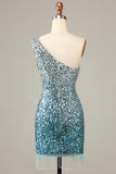 Sparkly Bodycon One Schoulder Blue Sequins Short Formal Dress with Tassel