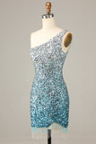 Sparkly Bodycon One Schoulder Blue Sequins Short Formal Dress with Tassel