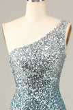 Sparkly Bodycon One Schoulder Blue Sequins Short Formal Dress with Tassel