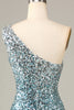 Load image into Gallery viewer, Sparkly Bodycon One Schoulder Blue Sequins Short Formal Dress with Tassel