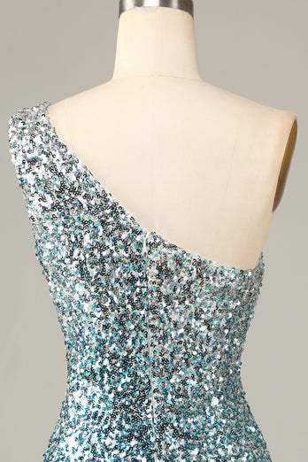 Sparkly Bodycon One Schoulder Blue Sequins Short Formal Dress with Tassel