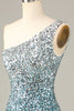 Load image into Gallery viewer, Sparkly Bodycon One Schoulder Blue Sequins Short Formal Dress with Tassel