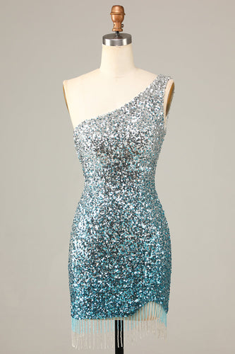 Sparkly Bodycon One Schoulder Blue Sequins Short Formal Dress with Tassel