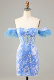 Gorgeous Sheath Off the Shoulder Blue Short Formal Dress with Feather