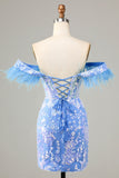 Gorgeous Sheath Off the Shoulder Blue Short Formal Dress with Feather