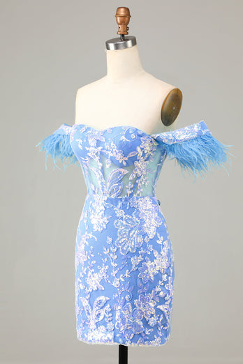 Gorgeous Sheath Off the Shoulder Blue Short Formal Dress with Feather