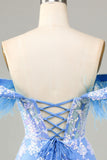 Gorgeous Sheath Off the Shoulder Blue Short Formal Dress with Feather