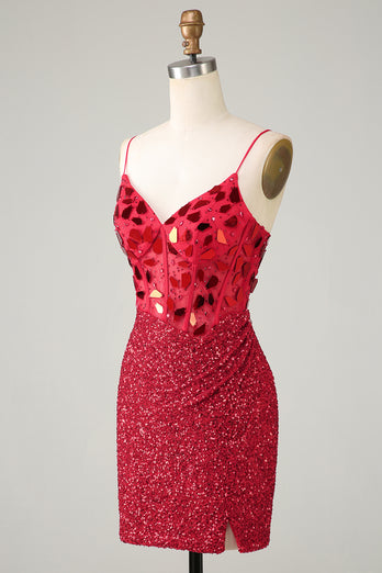 Sparkly Red Corset Sequin Mirror Tight Short Formal Dress