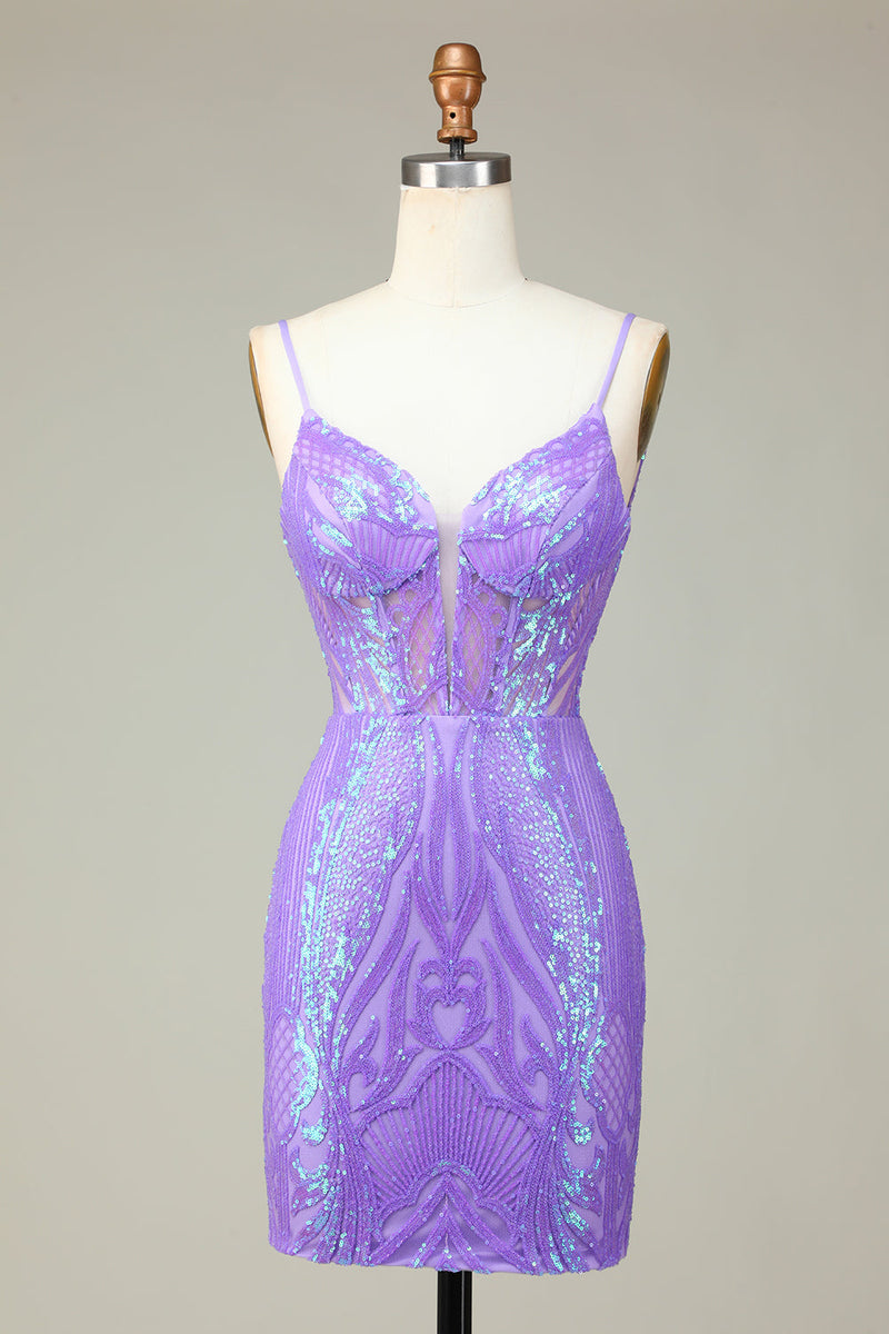 Load image into Gallery viewer, Stylish Bodycon Spaghetti Straps Lilac Sequins Corset Semi Formal Dress with Criss Cross Back