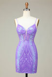 Stylish Bodycon Spaghetti Straps Lilac Sequins Corset Semi Formal Dress with Criss Cross Back