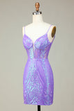 Stylish Bodycon Spaghetti Straps Lilac Sequins Corset Semi Formal Dress with Criss Cross Back