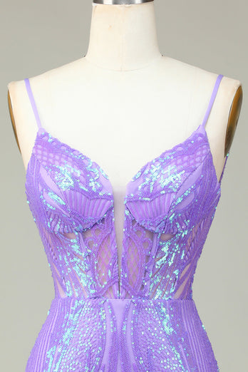 Stylish Bodycon Spaghetti Straps Lilac Sequins Corset Semi Formal Dress with Criss Cross Back