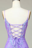 Stylish Bodycon Spaghetti Straps Lilac Sequins Corset Semi Formal Dress with Criss Cross Back