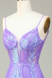 Stylish Bodycon Spaghetti Straps Lilac Sequins Corset Semi Formal Dress with Criss Cross Back