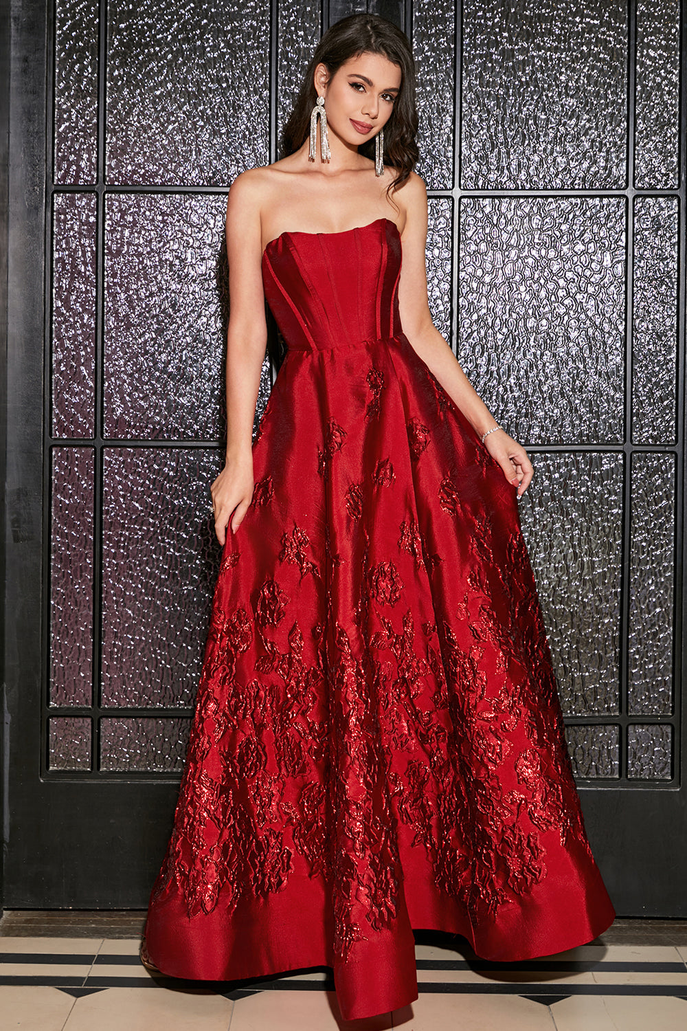 A-Line Strapless Elegant Princess Dark Red Long Formal Dress with 3D Flowers