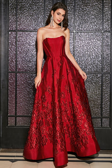 Princess A-Line Strapless Dark Red Corset Long Formal Dress with Accessory