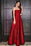 A-Line Strapless Elegant Princess Dark Red Long Formal Dress with 3D Flowers