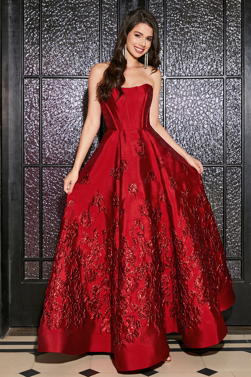 Load image into Gallery viewer, A-Line Strapless Elegant Princess Dark Red Long Formal Dress with 3D Flowers