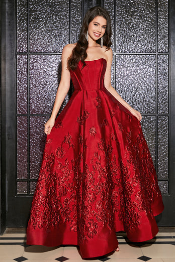 Princess A-Line Strapless Dark Red Corset Long Formal Dress with Accessory