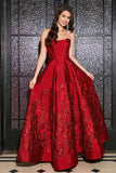 A-Line Strapless Elegant Princess Dark Red Long Formal Dress with 3D Flowers