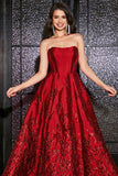 Princess A-Line Strapless Dark Red Corset Long Formal Dress with Accessory