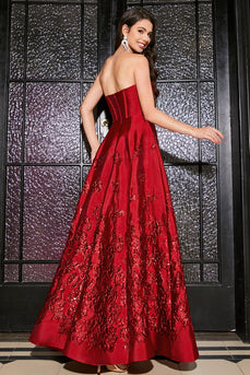 A-Line Strapless Elegant Princess Dark Red Long Formal Dress with 3D Flowers