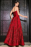 Princess A-Line Strapless Dark Red Corset Long Formal Dress with Accessory