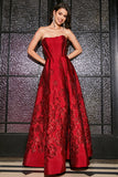 A-Line Strapless Elegant Princess Dark Red Long Formal Dress with 3D Flowers